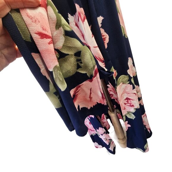 Rebecca B Flounce Off-Shoulder Maxi Dress Sz 6 Pink Floral on Navy Poly Spandex - Picture 8 of 11